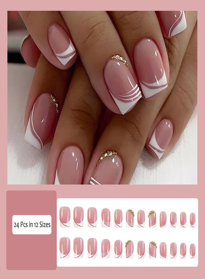 ASONRL 24 Pcs Acrylic Press on Nails, ASONRL Short Medium Square French White Edge Pink Fake Nails with Gold Rhinestones, Glue on Nails Reusable False Nails for Women, French- Gold Diamond Square - Image 5